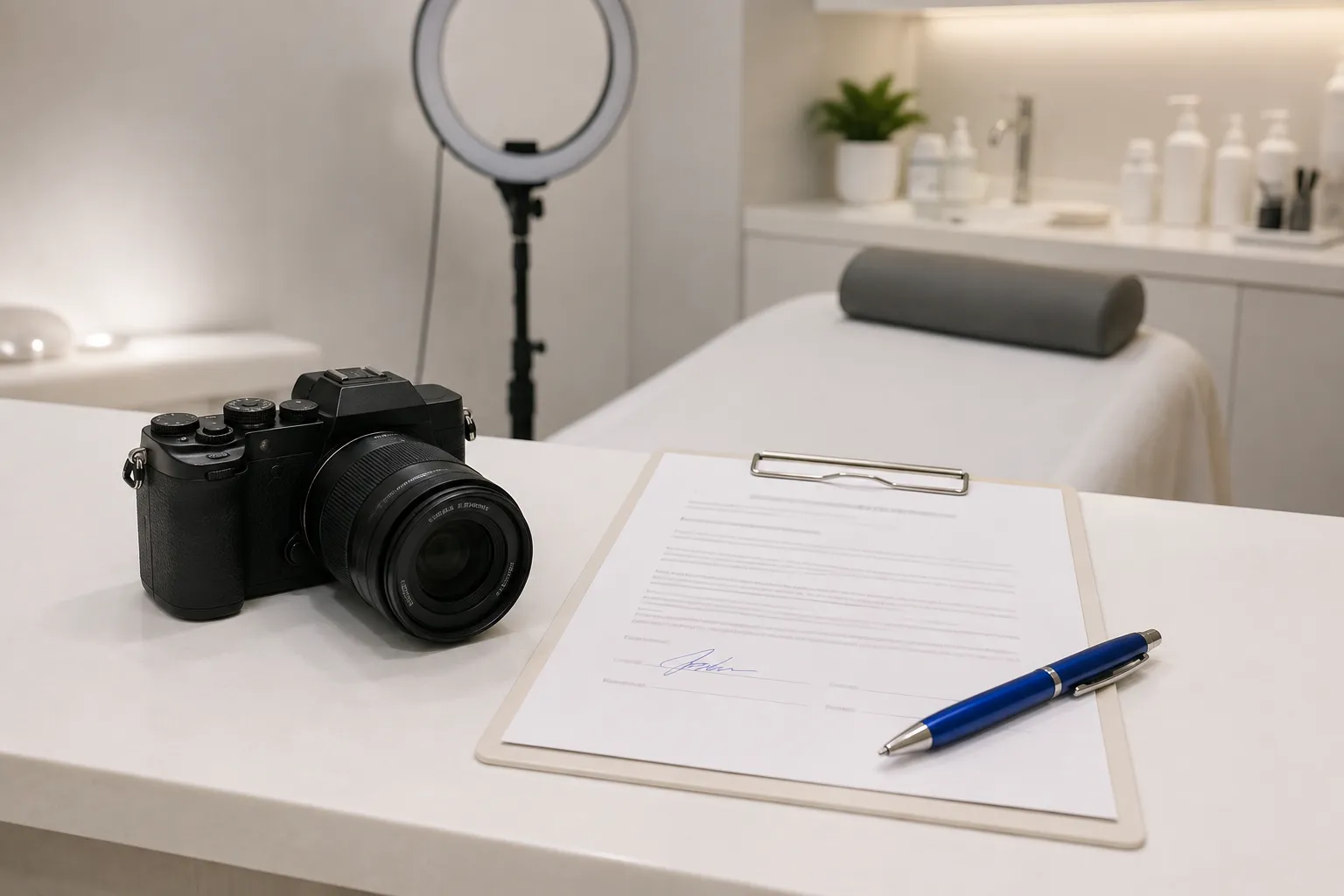 กล้องถ่ายรูปก่อน-หลังวางข้างแบบฟอร์มยินยอมที่ลงชื่อแล้วในห้องทรีตเมนต์